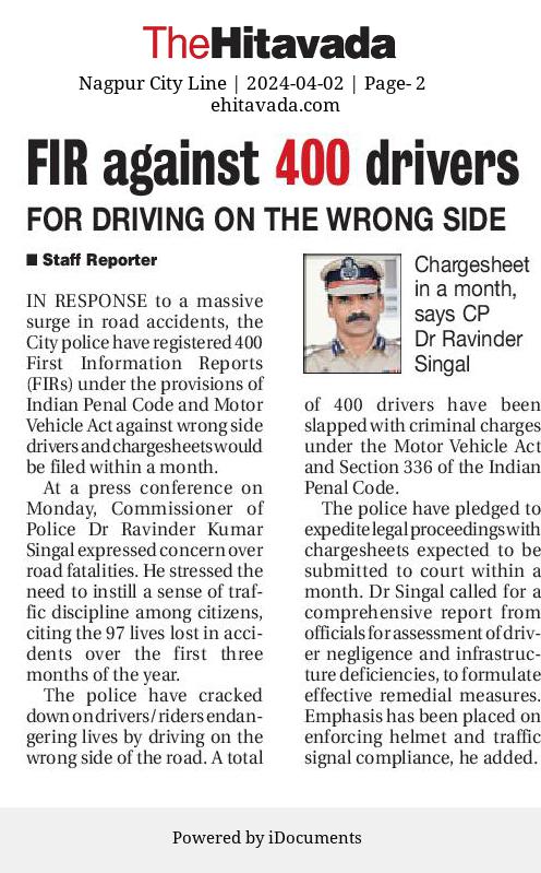 FIR against 400 drivers for driving on the wrong side - Dr. Ravinder Singal